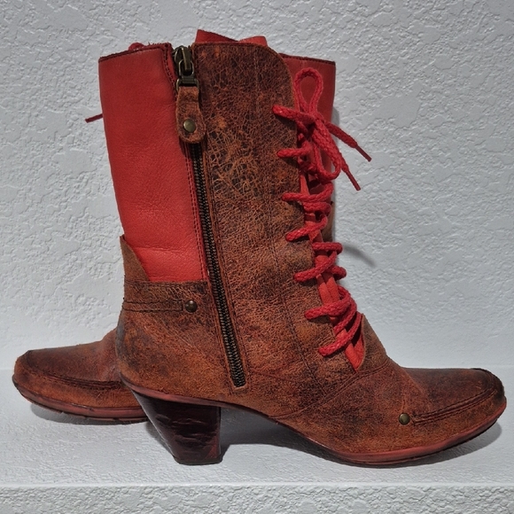 Red and Brown Lace-Up Women's Boots - Picture 4 of 7